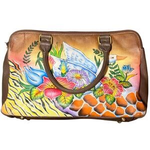 Vtg Hand Painted Leather Satchel Bag Swan Tropical Floral Animal Print Art Purse